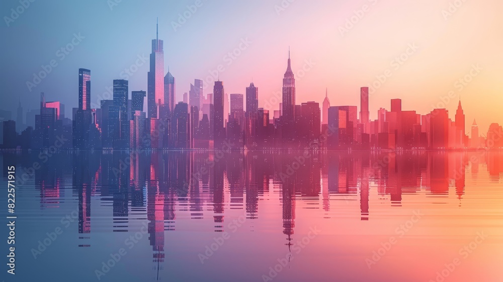  A city skyline reflects in a body of water, surrounded by a pink and blue sky in the background The midground features a pink and blue sky