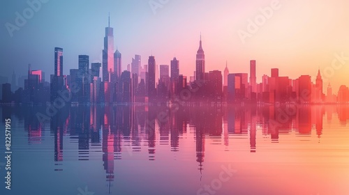  A city skyline reflects in a body of water, surrounded by a pink and blue sky in the background The midground features a pink and blue sky © Mikus