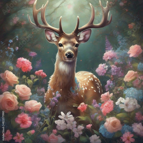 painting of a deer surrounded by colorful flowers, branding, advertising photo