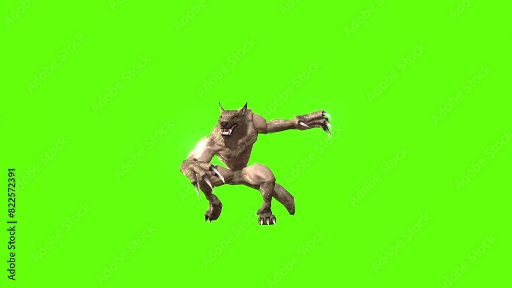 Werewolf jumping attack green screen animation 3D rendering Werewolf jumping attack green screen animation 3D rendering