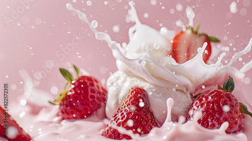 Strawberries with cream in milk splash on isolated pink background