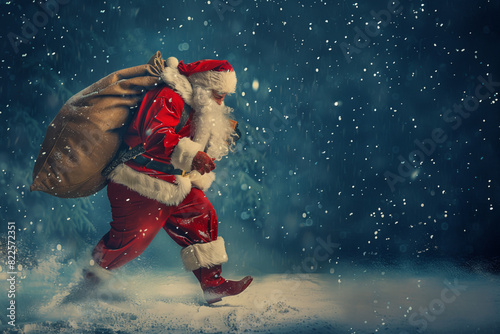 Santa Claus walks along a snowy street with a bag of gifts