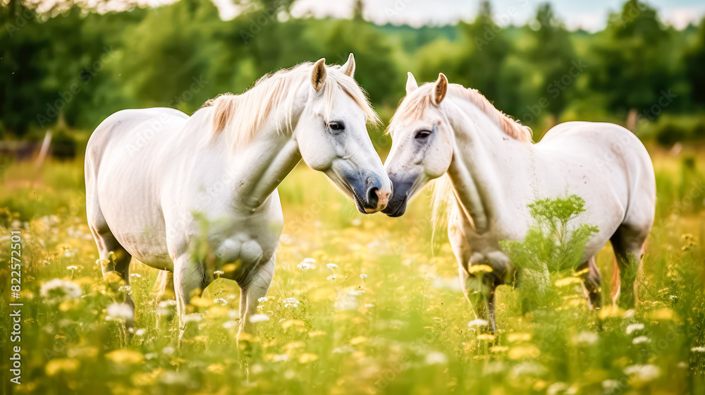 Albino horses in a field affectionately rubbing noses, displaying a tender connection. Their white coats stand out against the greenery, symbolizing purity and companionship. Albino horses in a field affectionately rubbing noses, displaying a tender connection. Their white coats stand out against the greenery, symbolizing purity and companionship.