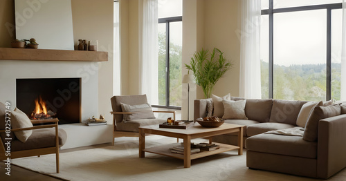 Wallpaper Mural Chic living space with cozy fireplace, inviting seating, calming hues, and expansive windows offering a peaceful natural scenery Torontodigital.ca