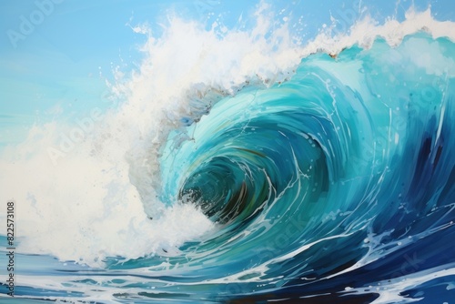Vibrant depiction of a large, curling ocean wave under a clear sky, showcasing the beauty of the sea © juliars