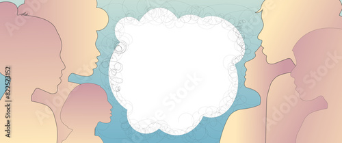 female profiles of different races and nationalities social poster, group of people searching for solution, thoughts, groupthink, team building	
