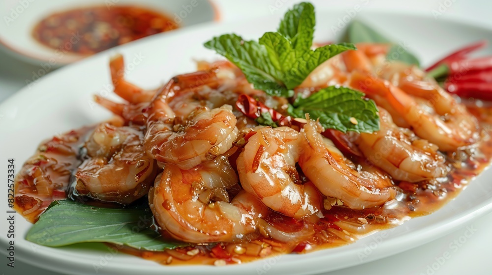 Shrimps in Fish Sauce ontop Spicy Sauce Seafood chili hot and spicy dish Thai food . Generative Ai Shrimps in Fish Sauce ontop Spicy Sauce Seafood chili hot and spicy dish Thai food . Generative Ai