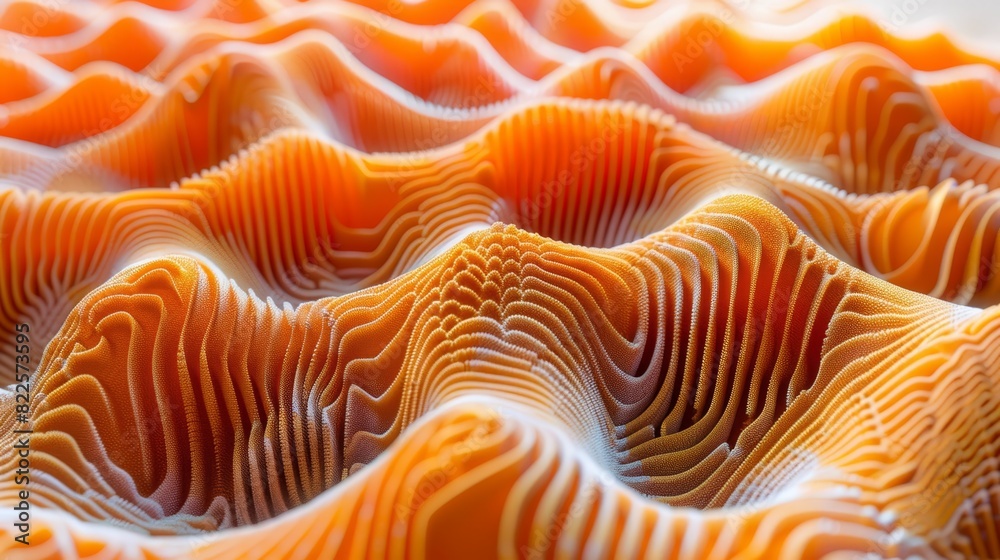 A tight shot of an orange and white undulating line pattern against a pristine white backdrop The uppermost section subtly gleams due to a gentle light reflection A tight shot of an orange and white undulating line pattern against a pristine white backdrop The uppermost section subtly gleams due to a gentle light reflection