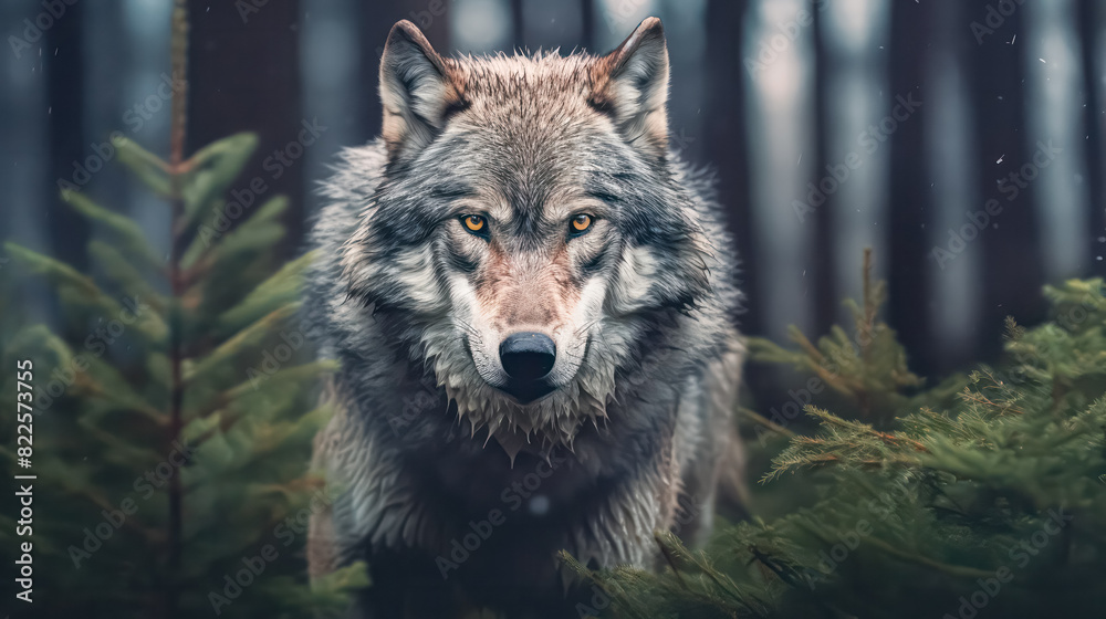 A close-up of a wolf in the autumn forest reveals its piercing gaze amidst the colorful foliage, epitomizing the majesty of the wilderness. A close-up of a wolf in the autumn forest reveals its piercing gaze amidst the colorful foliage, epitomizing the majesty of the wilderness.