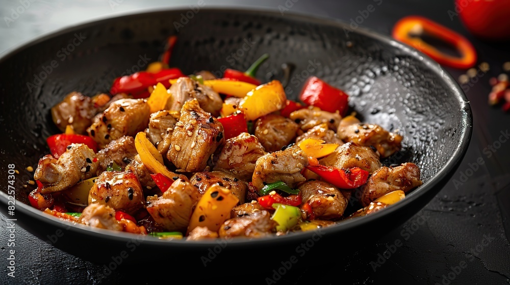 Spicy meat with peppers cooked in a wok. Pieces of chicken with red and yellow peppers.Generative Ai