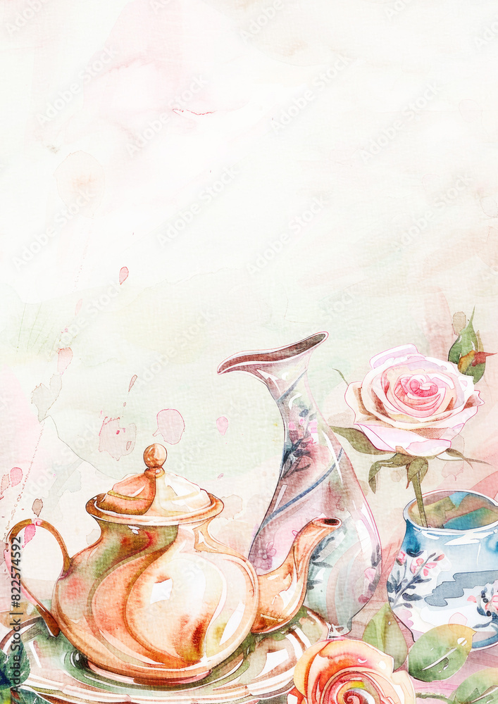 watercolor english afternoon tea with tea pot, tea cup, and roses flowers invitation card watercolor english afternoon tea with tea pot, tea cup, and roses flowers invitation card
