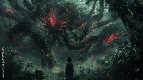 Fantasy nightmare: a young boy stands in the middle of a forest, watching a giant green and red kaiju snake-like monster coil through the trees.