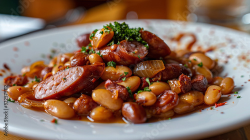 Savory czech bean stew with sausage slices and fresh parsley on a white plate