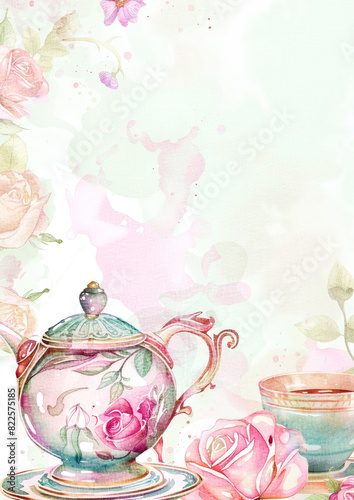 watercolor english afternoon tea with tea pot, tea cup, and roses flowers invitation card