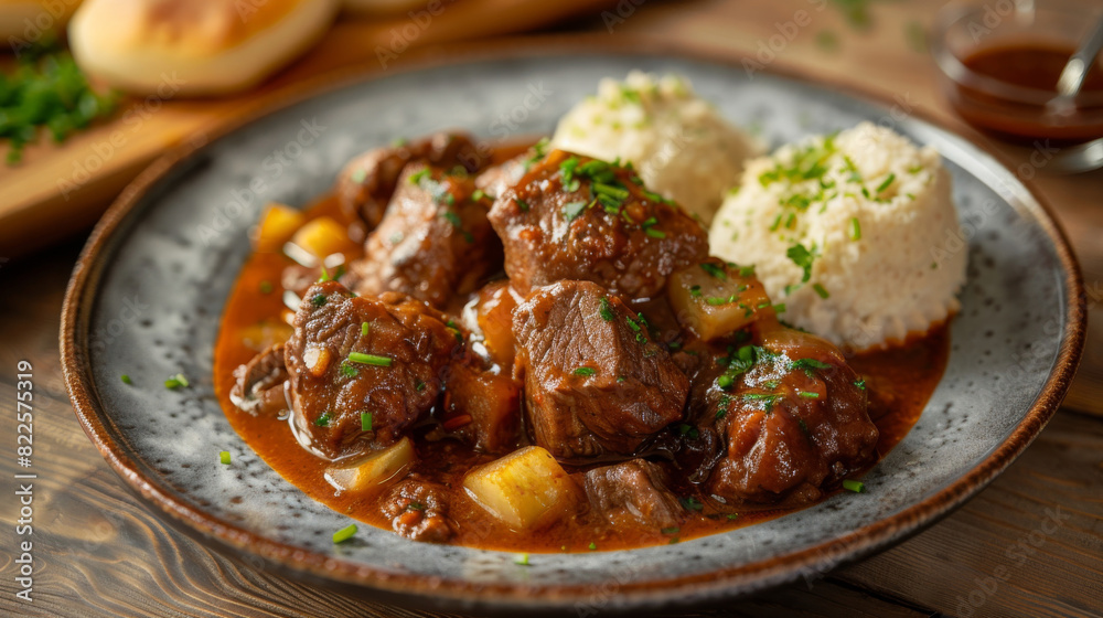 Traditional czech beef goulash with tender meat in a rich gravy, accompanied by fluffy dumplings and topped with fresh parsley