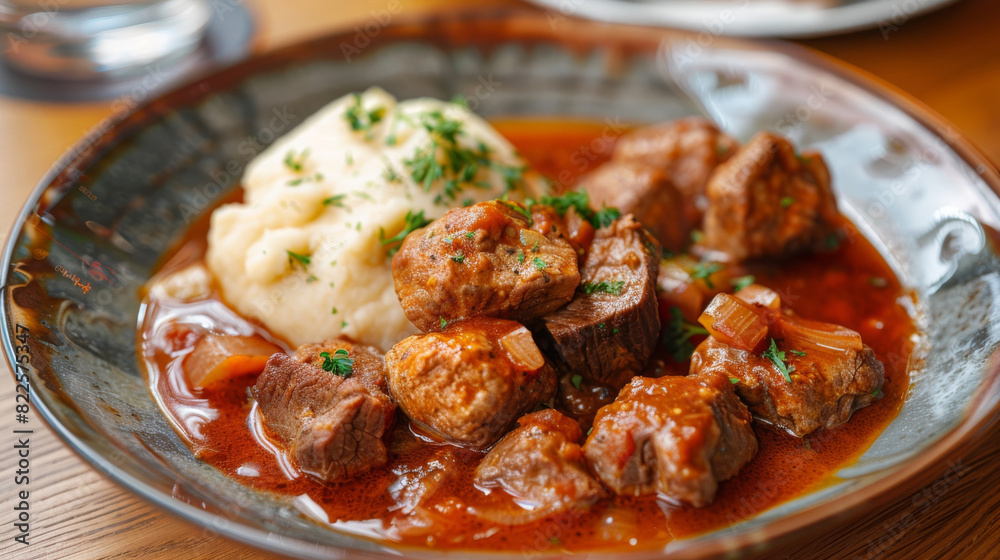 Delicious czech beef goulash with steaming potato dumplings, topped with fresh chives, in a charming ceramic bowl Delicious czech beef goulash with steaming potato dumplings, topped with fresh chives, in a charming ceramic bowl