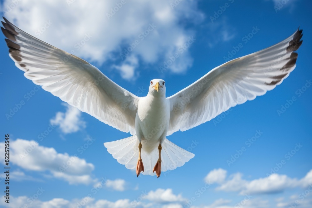 Fototapeta premium Seagull with outstretched wings flies directly towards the camera against a backdrop of fluffy clouds