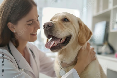 Professional woman veterinarian is smiling as she gently comforts a cheerful golden retriever during a routine check-up in a bright, modern veterinary clinic environment