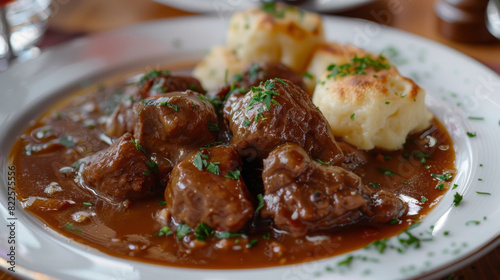 Czech beef goulash with bread dumplings and fresh parsley, a traditional dish from central europe