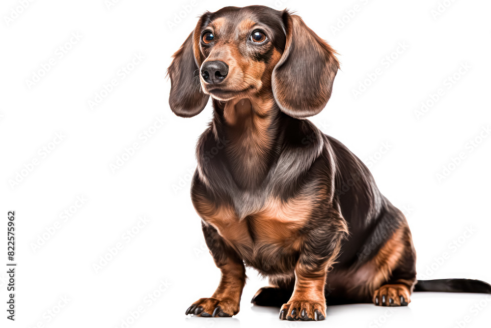 Dachshunds in a studio setting against a white backdrop, showcasing their playful and charming personalities in a professional photoshoot.