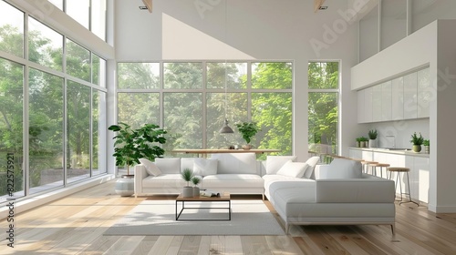 bright and airy modern home interior with neutral tones and large windows 3d illustration