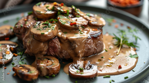 Savory beef steak topped with a rich, creamy mushroom sauce, garnished with herbs, presented on a dark modern plate