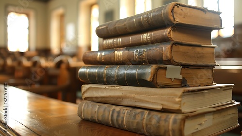 Stack of law books  Focus on a stack of worn law books on a table in the empty courtroom  emphasizing the enduring power of the law