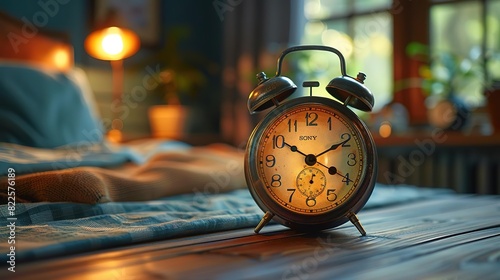 A classic alarm clock sits on a nightstand, with a blurry figure sleeping in the background. The clock is set to a time in the morning, suggesting a time to wake up.