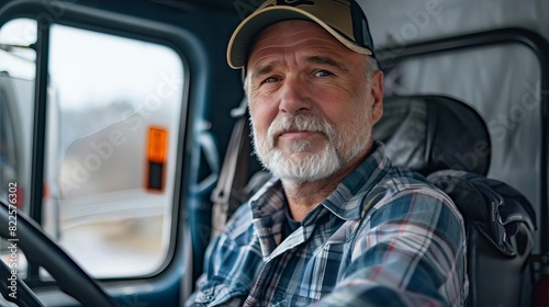 cdl commercial truck driver sitting inside semitruck cab transportation and logistics industry theme trucking photo