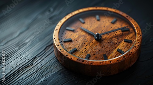 A close-up of a wooden clock face with black hands, resting on a dark wooden surface.