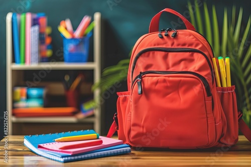 Red backpack with school supplies on desk, bookshelf background, with copy space