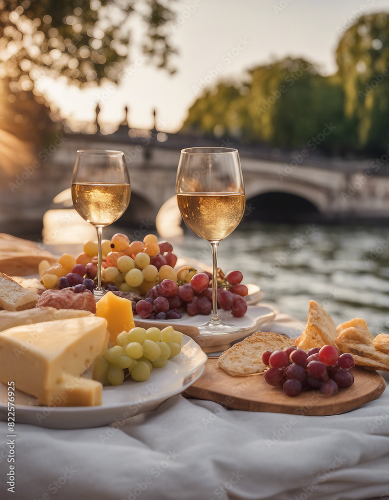 Enjoy a luxurious picnic with a cheese plateau and wine by the Seine River in Paris during the golden hour.
Enjoy a luxurious picnic with a cheese plateau and wine by the Seine River in Paris during the golden hour.