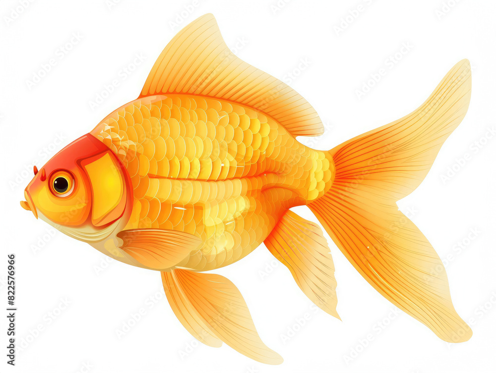 A digital painting of a goldfish. The goldfish is orange and white, with a long, flowing tail. It is swimming in a white background. The goldfish is facing the left. A digital painting of a goldfish. The goldfish is orange and white, with a long, flowing tail. It is swimming in a white background. The goldfish is facing the left.