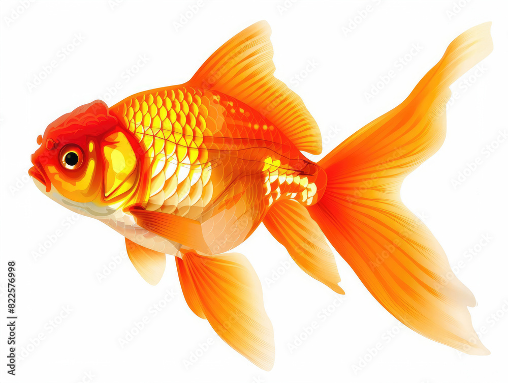 A digital painting of a goldfish. The goldfish is orange and white, with a long, flowing tail. It is swimming in a white background. The goldfish is facing the left of the viewer. A digital painting of a goldfish. The goldfish is orange and white, with a long, flowing tail. It is swimming in a white background. The goldfish is facing the left of the viewer.