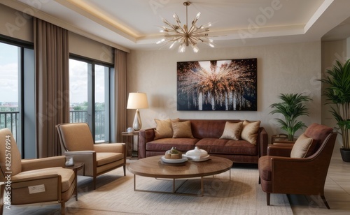 Sophisticated professional photograph of a burgundy and rose gold luxury living room interior with abstract art and indoor palm trees