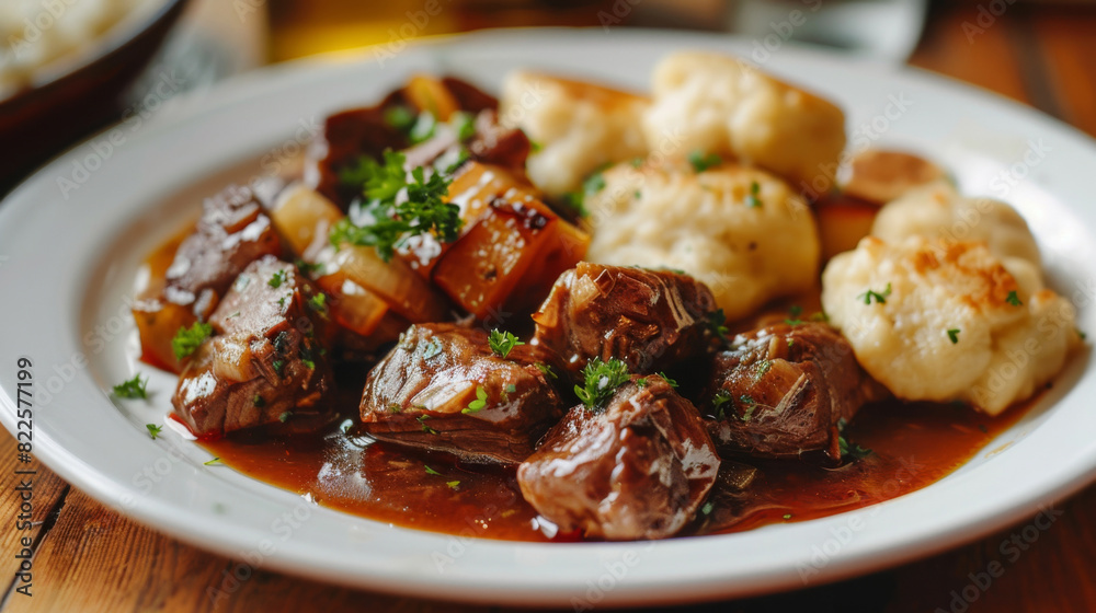 Authentic czech dish, braised beef in rich gravy, served with fluffy bread dumplings, garnished with fresh parsley on a white plate Authentic czech dish, braised beef in rich gravy, served with fluffy bread dumplings, garnished with fresh parsley on a white plate