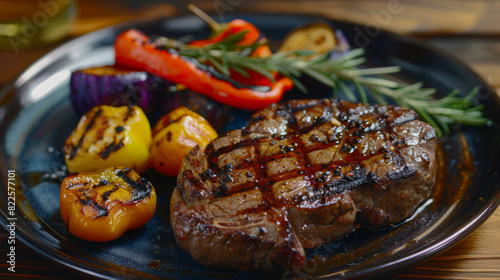 Juicy grilled beef steak served with colorful roasted bell peppers, onions, and herbs on a dark plate, rustic dining setup