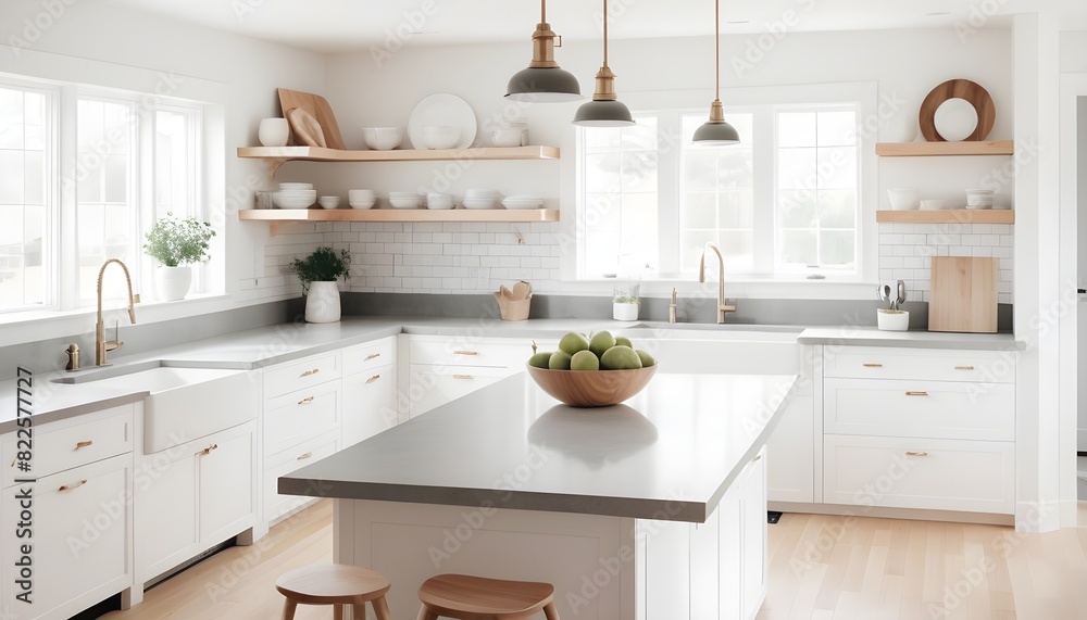 Fototapeta premium Balanced kitchen with white cabinets grey worktop and natural accents