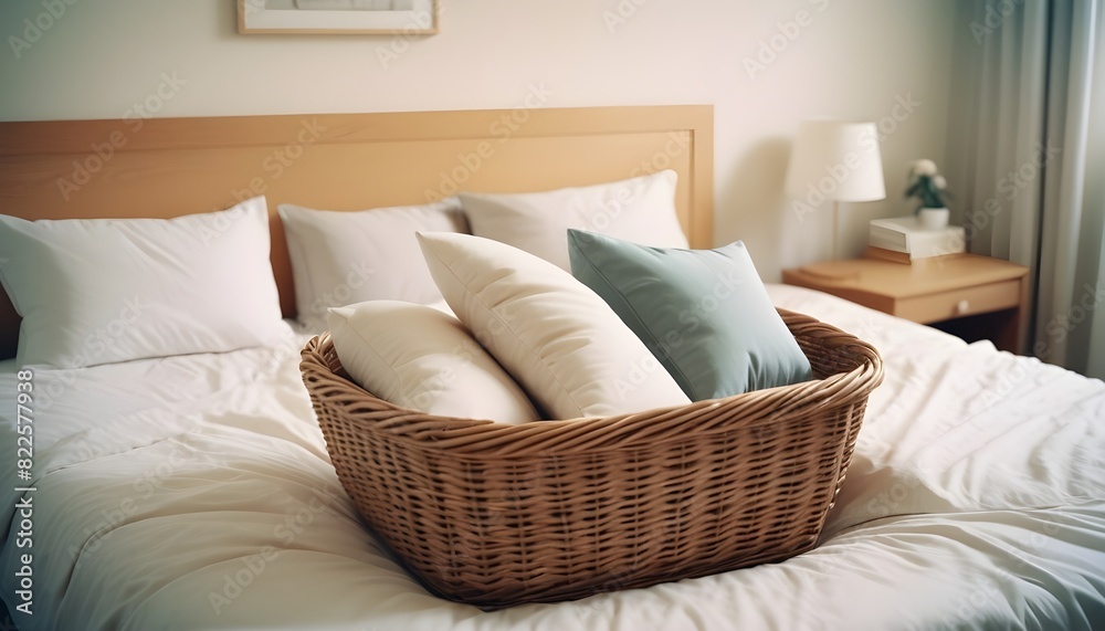 Basket with pillows and wooden footrest standing in the bedroom Basket with pillows and wooden footrest standing in the bedroom