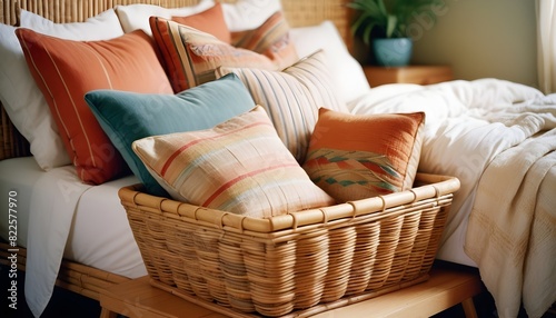 Basket with pillows and wooden footrest standing in the bedroom