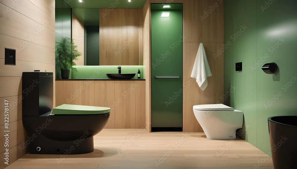 Bathroom with black modern toilet bowl and bidet with wooden flooring ang green panel light Bathroom with black modern toilet bowl and bidet with wooden flooring ang green panel light
