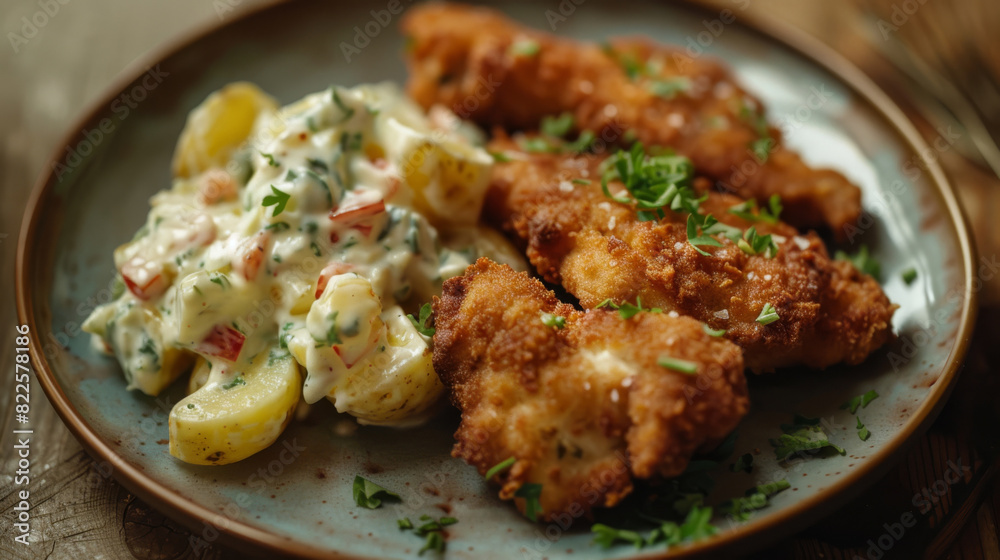 Traditional czech dish: breaded pork cutlets with creamy potato salad and fresh herb garnish