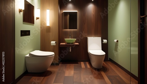 Bathroom with black modern toilet bowl and bidet with wooden flooring ang green panel light