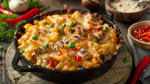 cozy macaroni and cheese with mushrooms and peppers regional specialty