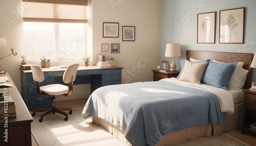 Bed and modern desk and chair in white and beige room © Eyeam