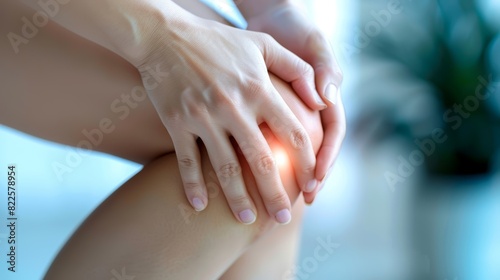Close-up of hands holding painful knee. Concept of joint pain and injury. Health and medical theme
