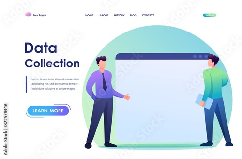 Young businessmen collect data on the Internet. Concept of data collection. Flat 2D character