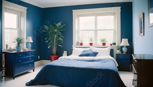 Bright spacious bedroom with bed and plant in big jug