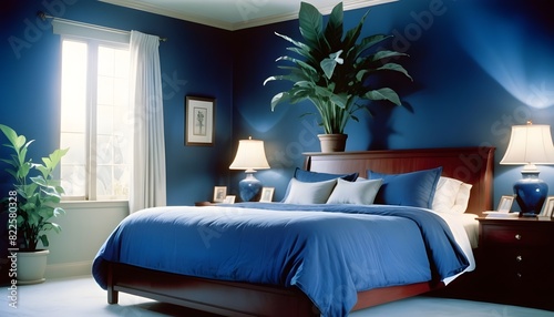 Bright spacious bedroom with bed and plant in big jug