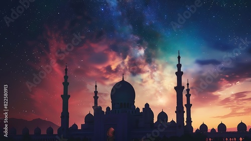 The silhouette of a majestic mosque against the backdrop of a star-studded sky on Eid night